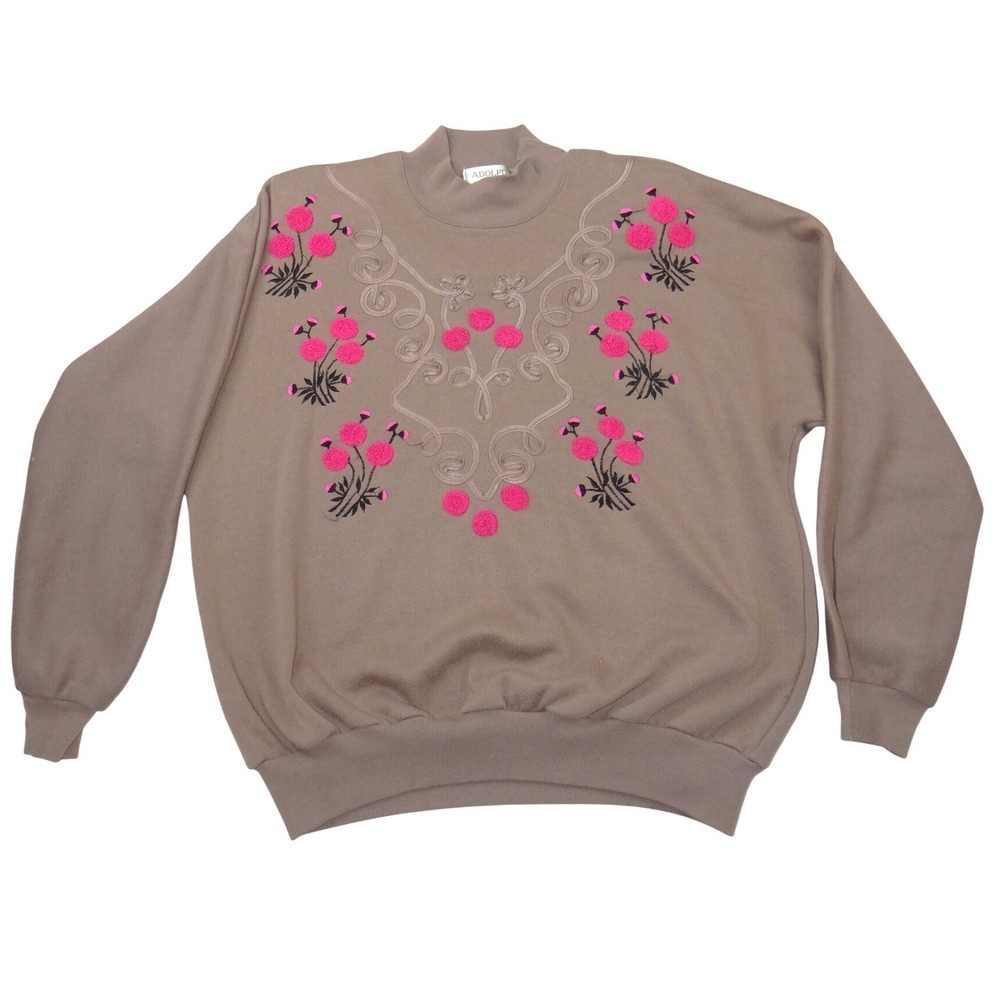 Adolfo Sport Vintage Mock Neck Sweatshirt Taupe Pink Floral Embroidered Medium